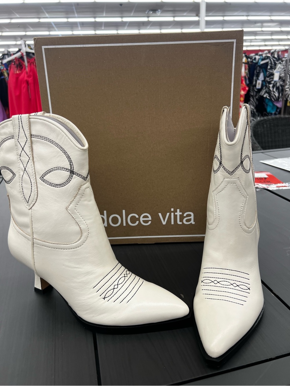 Dolce Vita Cream Western Pointed Toe Ankle Boots with Black Stitching